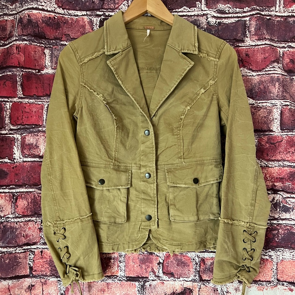 Free People Willow Ruffle Military Cargo Jacket Khaki Tan XS